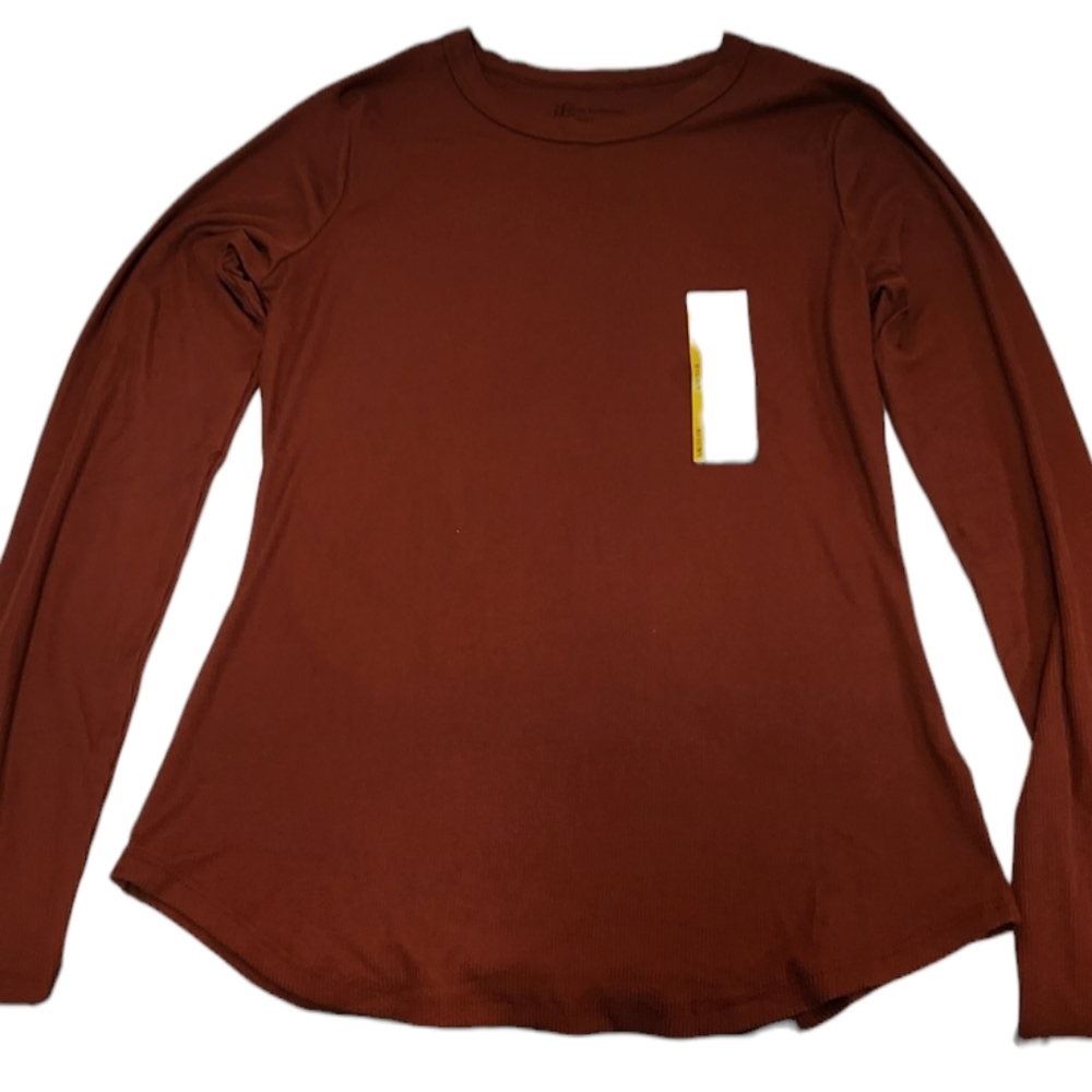 No Boundaries Fitted Stretch Ribbed Crew Neck Long Sleeve T-Shirt (Brown) New L